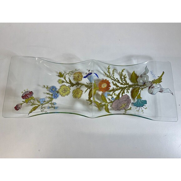 Vintage Dorothy Thorpe Signed Divided Floral Medium Glass Serving‎ Tray MCM - Picture 5 of 8